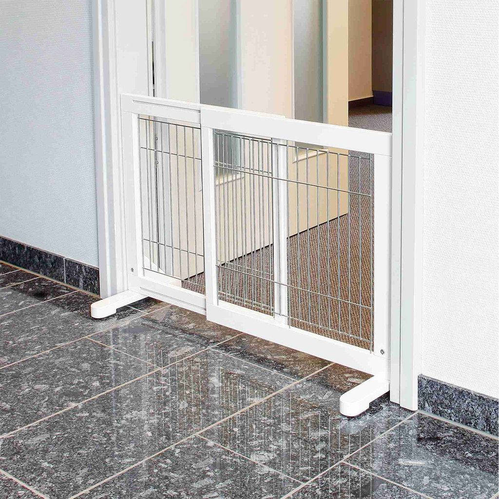 Dog barrier, wood, 65–108 × 61 cm, white