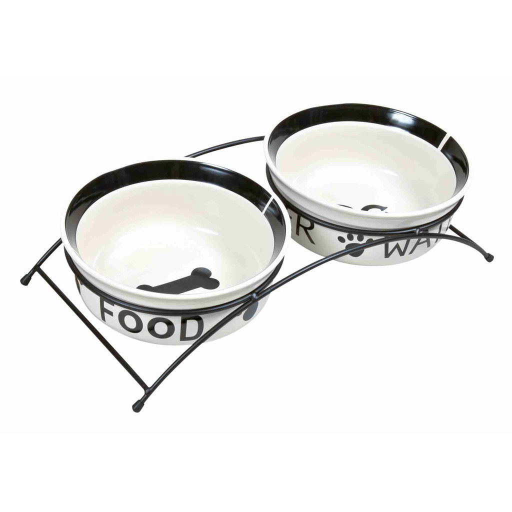 Set Comedero Cerámica + Pie, 2 x 1.6 l, ø20 cm, Blanco-Negro