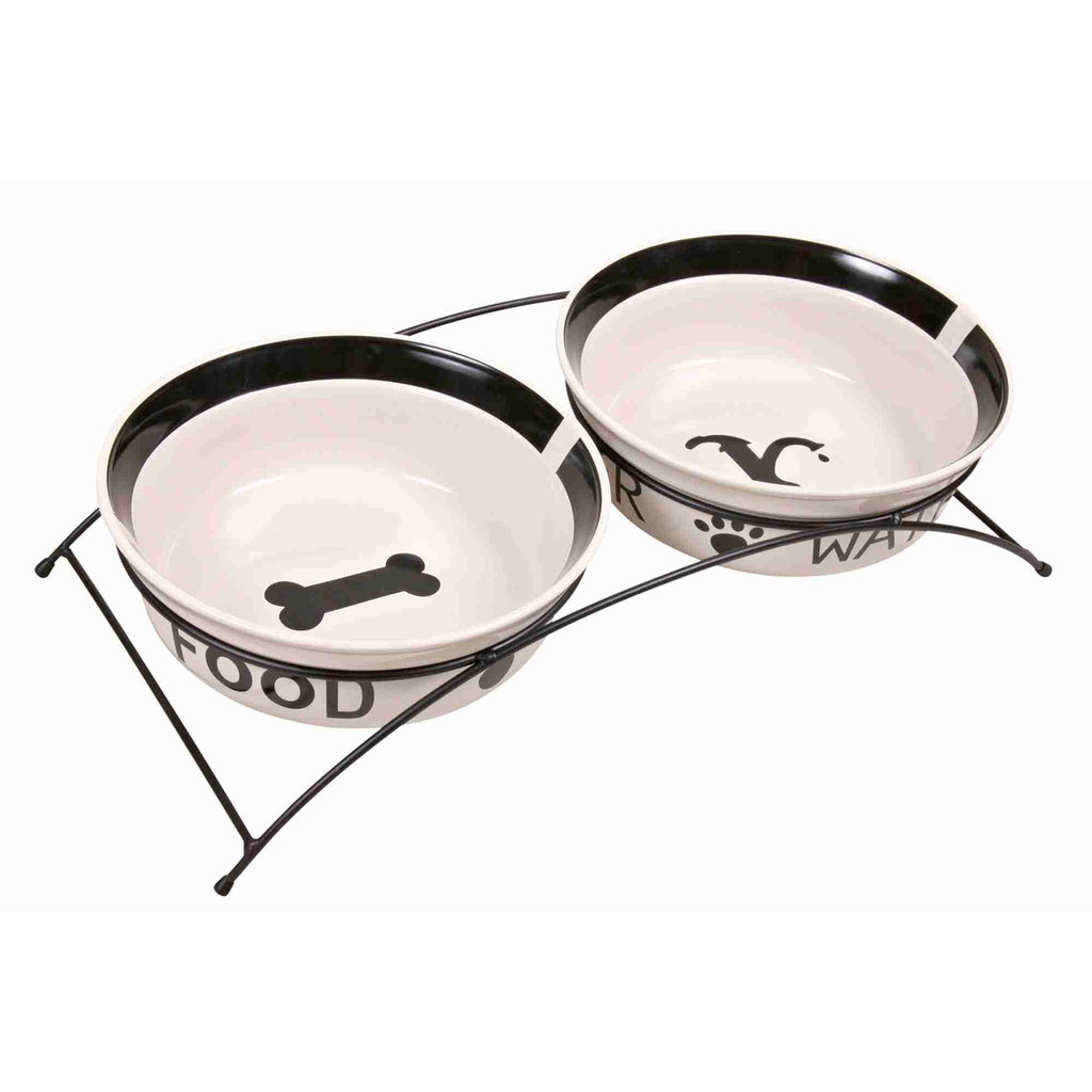 Set Comedero Cerámica + Pie, 2 x 2.6 l, ø25 cm, Blanco-Negro