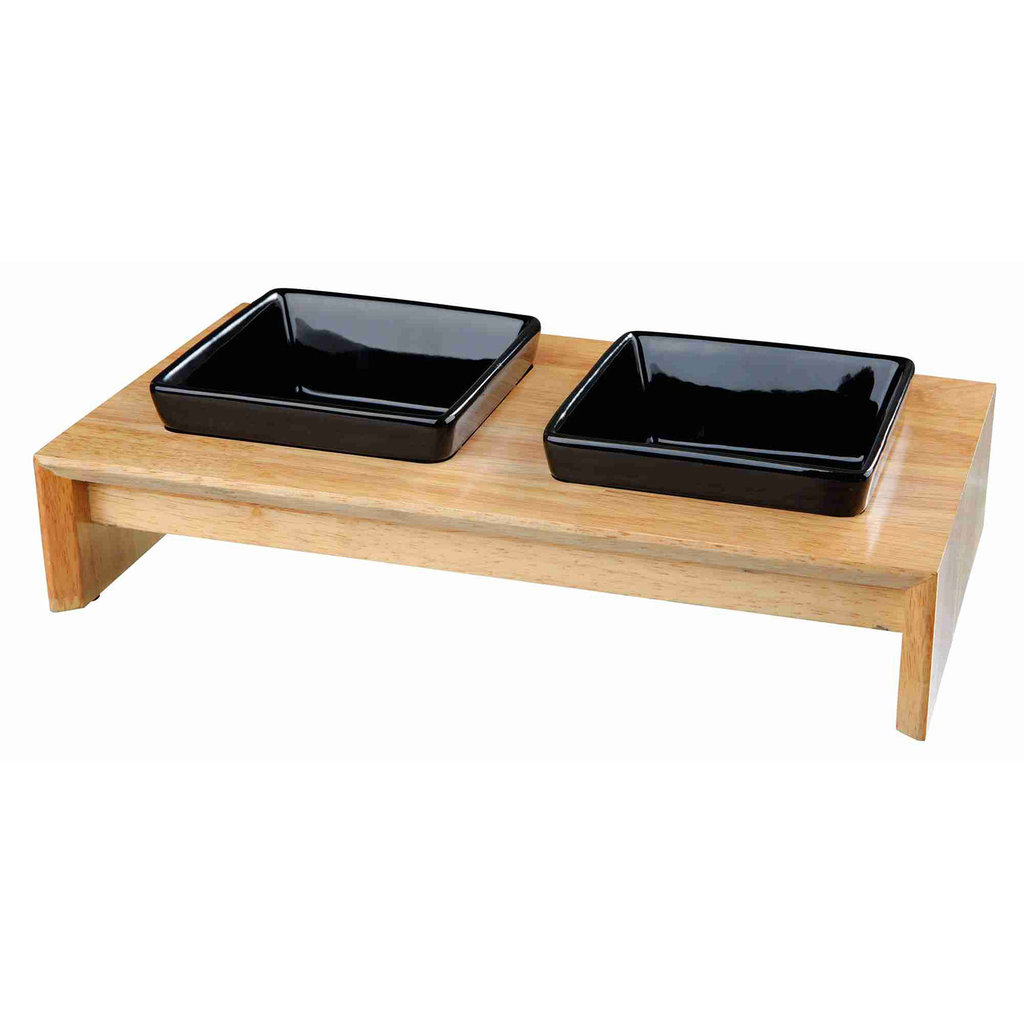 Set Comederos Cerámica/Madera, 2 × 0.4 l, 36 × 19 × 7 cm, Negro