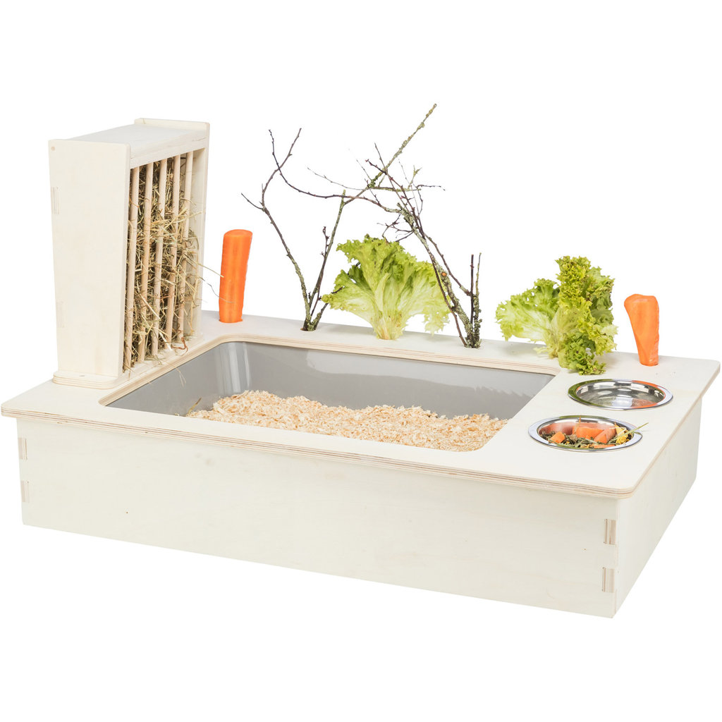 Feeding station with bowls/hay manger, wood, 70 × 41 × 47 cm