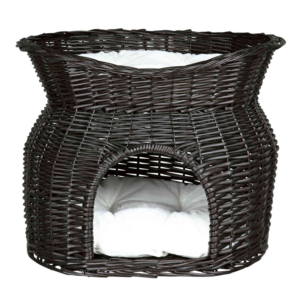Wicker cave with bed on top and 2 cushions, 43 cm, black