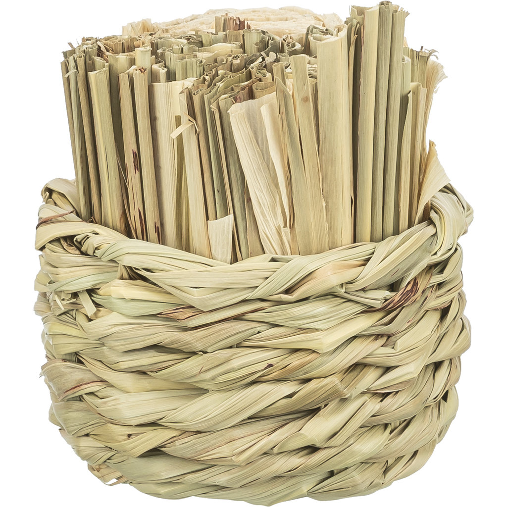 Cesto, césped, con heno, hojas de maíz y pata de madera